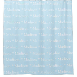 Customizable name, text, light blue white shower curtain