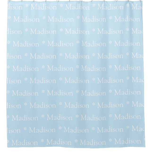 Customizable name, text, light blue white shower curtain (Front)
