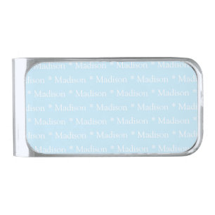 Customizable name, text, light blue white silver finish money clip