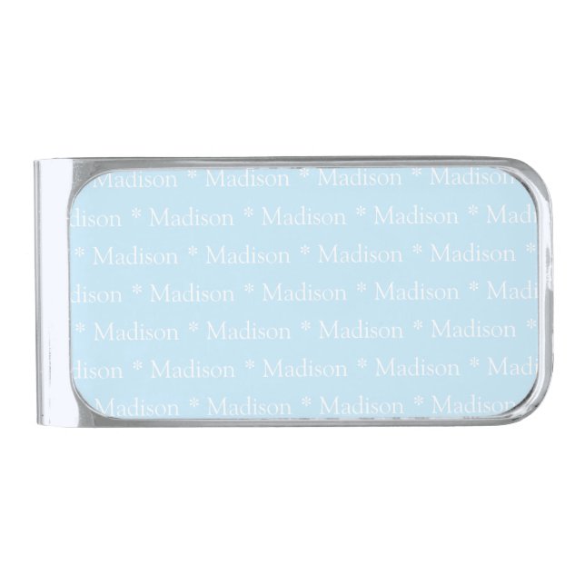 Customizable name, text, light blue white silver finish money clip (Front)