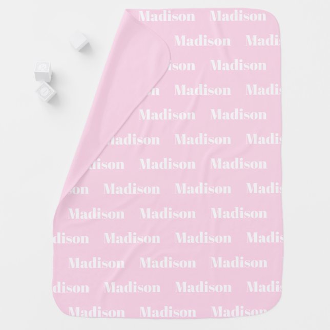 Customizable name, text, light pink white baby blanket (In Situ)