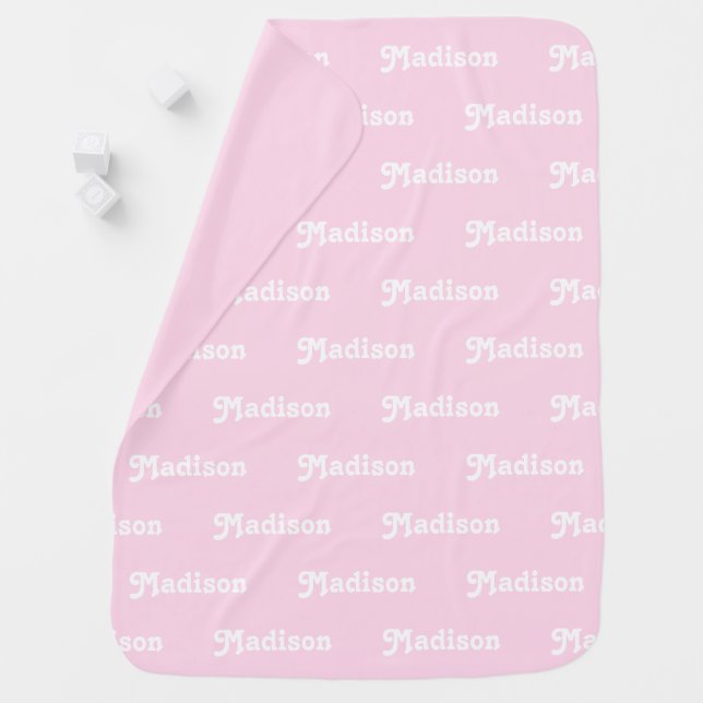 Customizable name, text, light pink white baby blanket (In Situ)