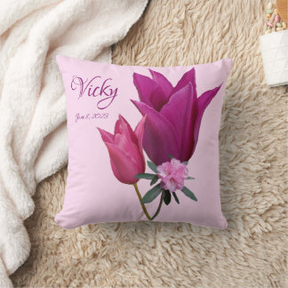 Customizable name Vicky pretty pink tulips floral Throw Pillow