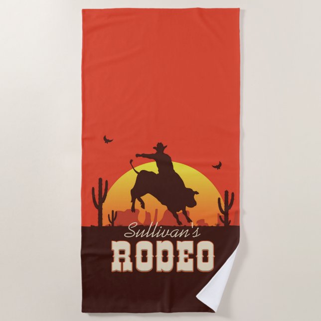 Customizable NAME Western Cowboy Bull Rider Rodeo Beach Towel (Front)