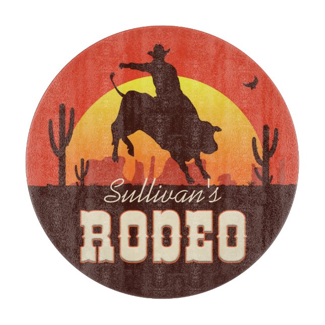 Customizable NAME Western Cowboy Bull Rider Rodeo Cutting Board (Front)