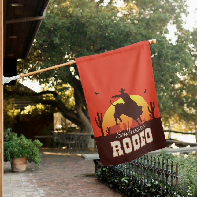 Customizable NAME Western Cowboy Bull Rider Rodeo House Flag (In SItu)