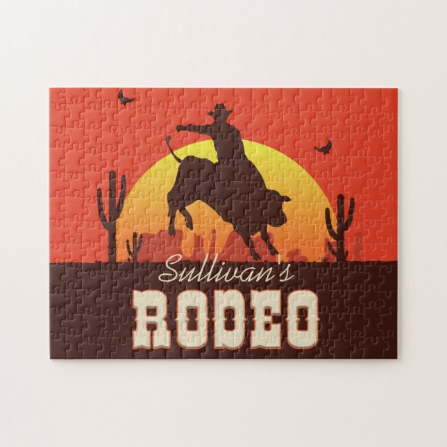 Customizable NAME Western Cowboy Bull Rider Rodeo Jigsaw Puzzle (Horizontal)