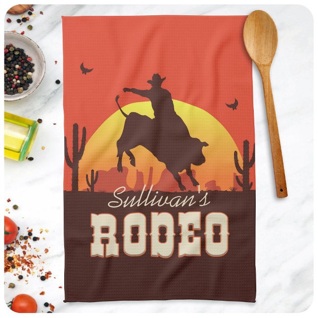 Customizable NAME Western Cowboy Bull Rider Rodeo Kitchen Towel (Creator Uploaded)