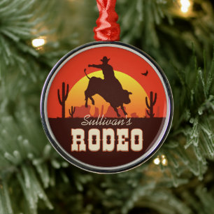 Customizable NAME Western Cowboy Bull Rider Rodeo Metal Ornament