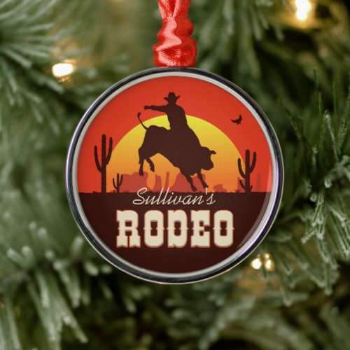 Customizable NAME Western Cowboy Bull Rider Rodeo Metal Ornament