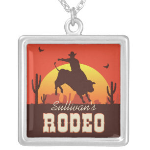 Customizable NAME Western Cowboy Bull Rider Rodeo Silver Plated Necklace