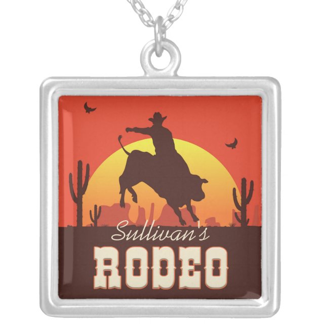 Customizable NAME Western Cowboy Bull Rider Rodeo Silver Plated Necklace (Front)