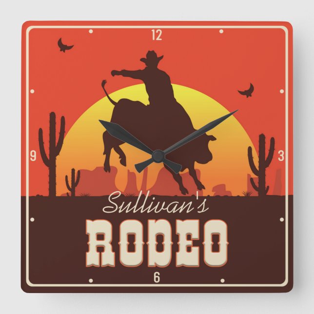 Customizable NAME Western Cowboy Bull Rider Rodeo  Square Wall Clock (Front)