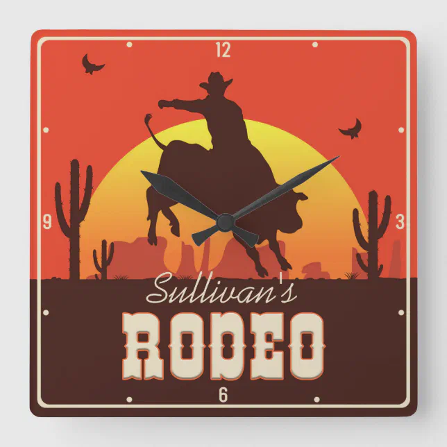 Customizable NAME Western Cowboy Bull Rider Rodeo Square Wall Clock ...