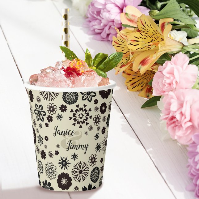 Customizable Names Cute Taupe Black Floral Pattern Paper Cups (Creator Uploaded)