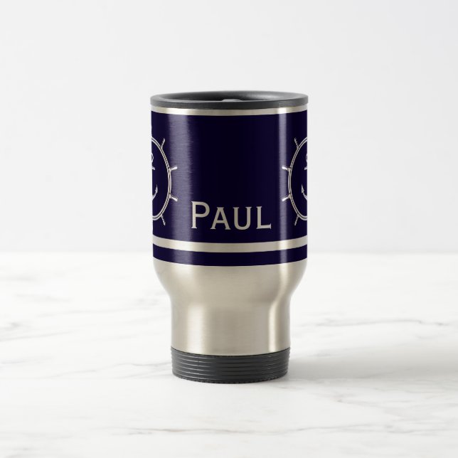 Customizable Nautical Anchor and Wheel Monogram Travel Mug (Center)