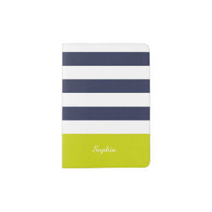 Customizable Navy Blue Lime Stripes Passport Holder