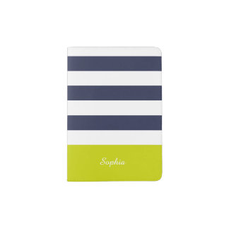 Customizable Navy Blue Lime Stripes Passport Holder