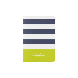 Customizable Navy Blue Lime Stripes Passport Holder
