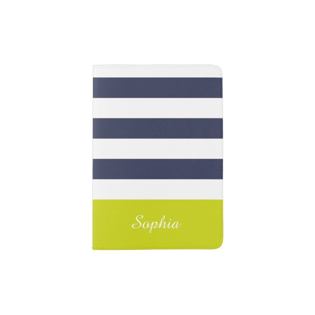 Customizable Navy Blue Lime Stripes Passport Holder (Front)