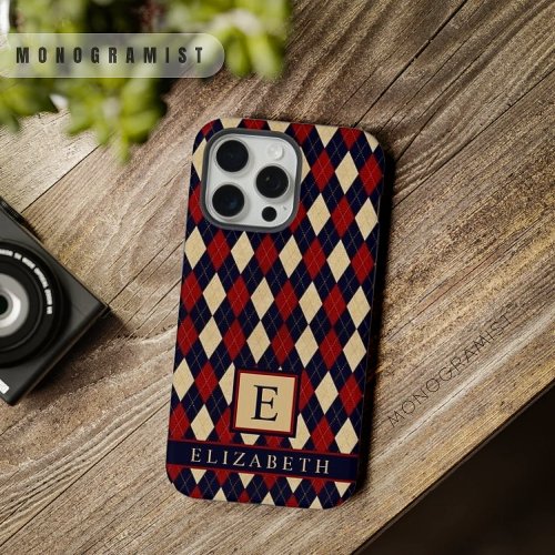 Customizable Navy Blue Red Yellow Argyle Pattern iPhone 15 Pro Max Case