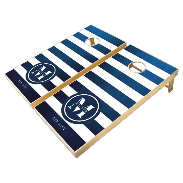 Customizable Navy Striped Monogram Cornhole Set (Angled)
