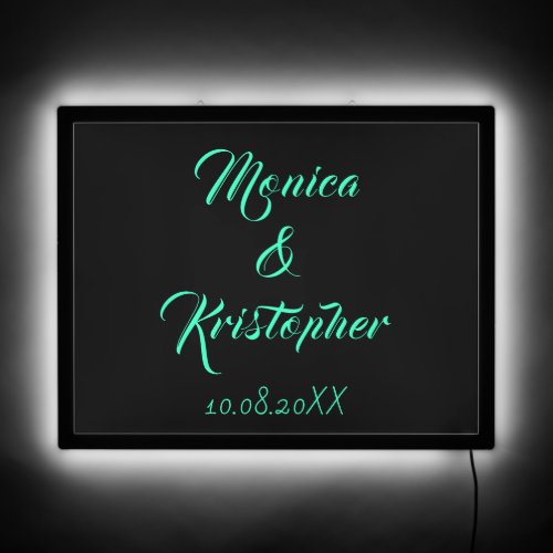 Customizable Neon Black and Teal Wedding Name LED Sign