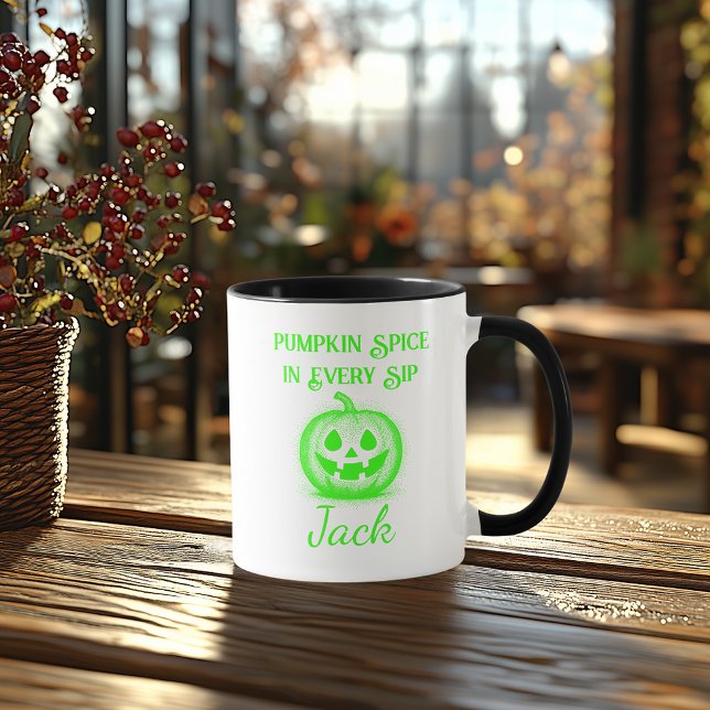 Customizable Neon Halloween - Green Pumpkin Design Mug (Creator Uploaded)
