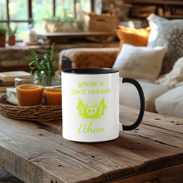 Customizable Neon Halloween Mug - Green Bat Design (Creator Uploaded)