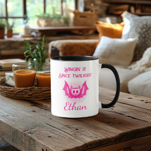Customizable Neon Halloween Mug - Pink Bat Design
