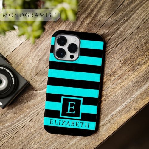 Customizable Neon Turquoise Blue Black Stripes  Case_Mate iPhone 14 Pro Max Case