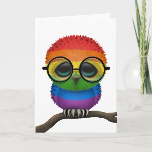 Customizable Nerdy Rainbow Gay Pride Baby Owl Chic Card