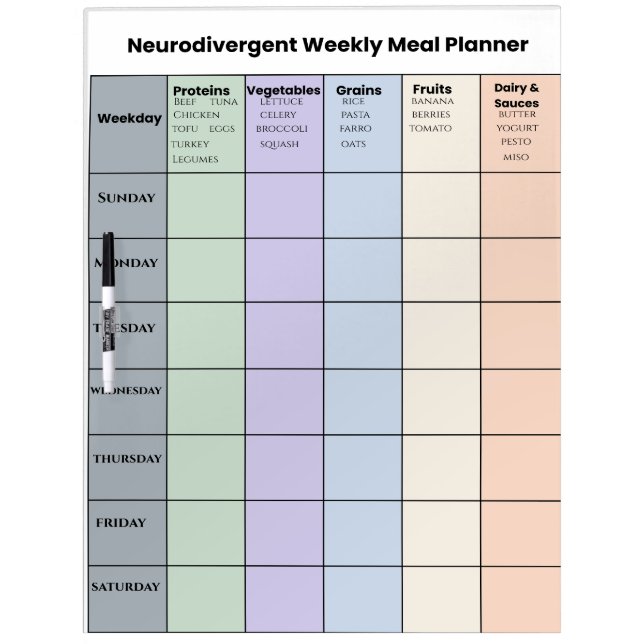 Customizable Neurodivergent Weekly Meal Planner Dry Erase Board (Front)
