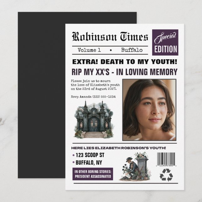 Customizable Newspaper Gothic Birthday Party Invitation (Front/Back)