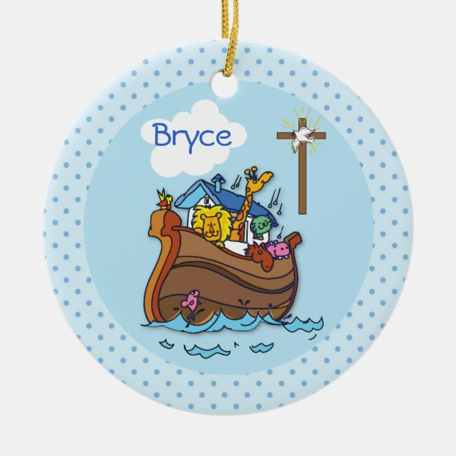Customizable Noah’s Ark Baby Baptism, Boy Blue Ceramic Ornament (Front)
