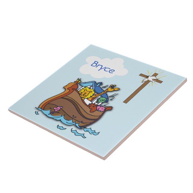 Customizable Noah’s Ark Baby Baptism, Boy Blue Ceramic Tile (Side)
