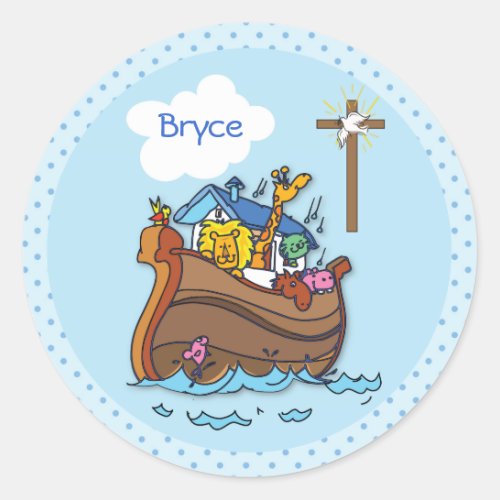 Customizable Noahs Ark Baby Baptism Boy Blue Classic Round Sticker