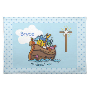 Customizable Noah’s Ark Baby Baptism, Boy Blue Cloth Placemat