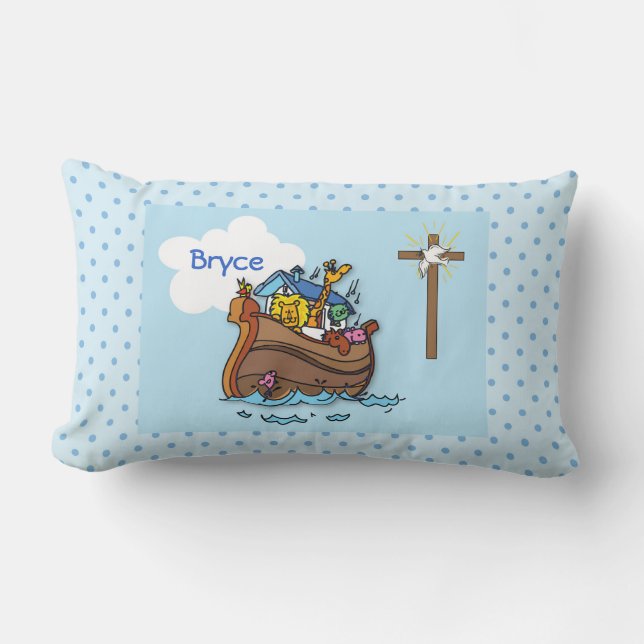 Customizable Noah’s Ark Baby Baptism, Boy Blue Lumbar Pillow (Front)