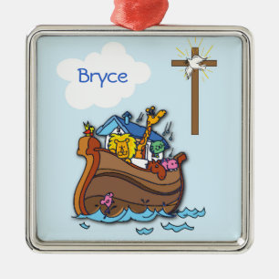 Customizable Noah’s Ark Baby Baptism, Boy Blue Metal Ornament