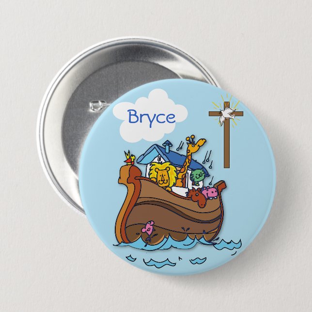 Customizable Noah’s Ark Baby Baptism, Boy Blue Pinback Button (Front & Back)