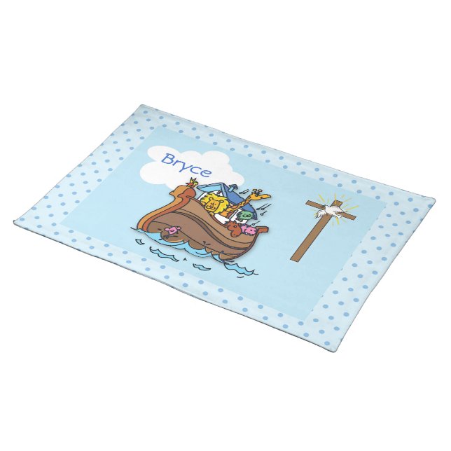 Customizable Noah’s Ark Baby Baptism, Boy Blue Placemat (On Table)