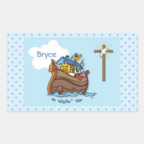 Customizable Noahs Ark Baby Baptism Boy Blue Rectangular Sticker