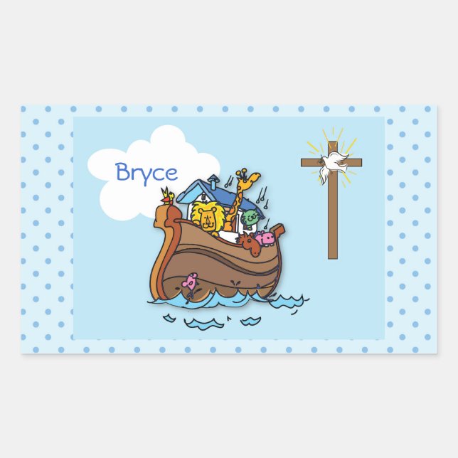 Customizable Noah’s Ark Baby Baptism, Boy Blue Rectangular Sticker (Front)