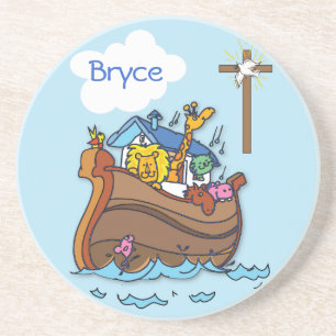 Customizable Noah’s Ark Baby Baptism, Boy Blue Sandstone Coaster
