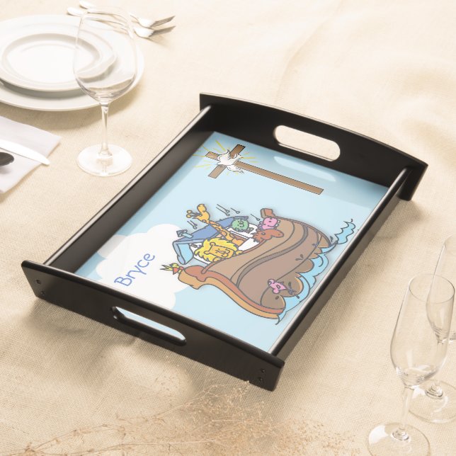 Customizable Noah’s Ark Baby Baptism, Boy Blue Serving Tray (Front)