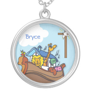 Customizable Noah’s Ark Baby Baptism, Boy Blue Silver Plated Necklace