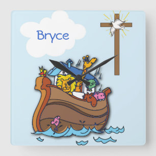 Customizable Noah’s Ark Baby Baptism, Boy Blue Square Wall Clock