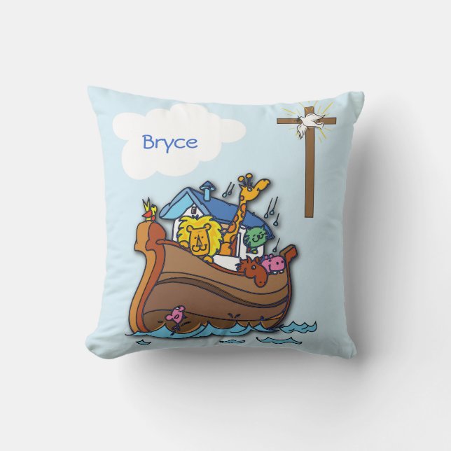 Customizable Noah’s Ark Baby Baptism, Boy Blue Throw Pillow (Front)