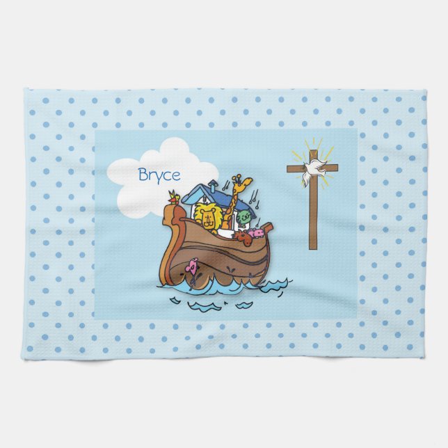 Customizable Noah’s Ark Baby Baptism, Boy Blue Towel (Horizontal)